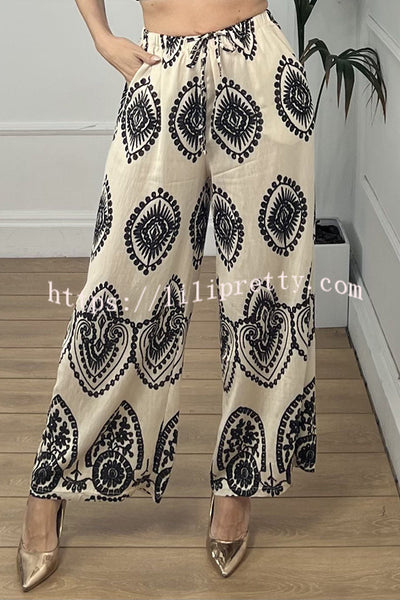 Unique Print Elastic Waist Casual Pocket Wide Leg Pants