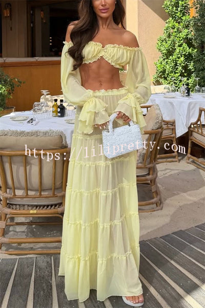 Gentle Sunshine Off Shoulder Long Bell Sleeve Crop Top and Elastic Waist Layered Cover-up Maxi Skirt Set