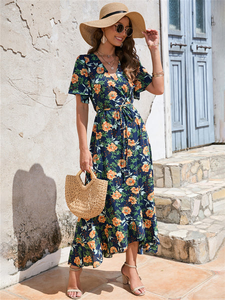 Ruffle Short Sleeve Strappy Dress Beach Resort Dress Navy S M L XL 