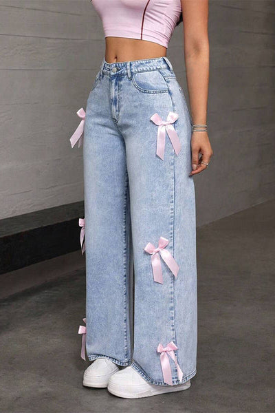 Fashion Bow Embellished High-Rise Casual Pocket Straight Jeans
