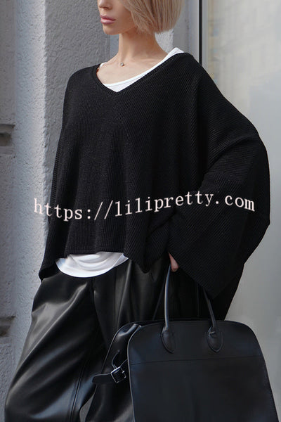 Warm Winter Ribbed Knit V-neck Batwing Sleeve Loose Relaxed Sweater