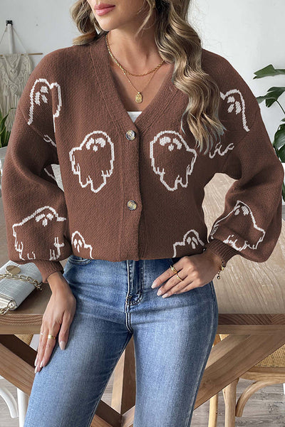 Halloween Ghost Pattern Casual Button-Down Knit Sweater