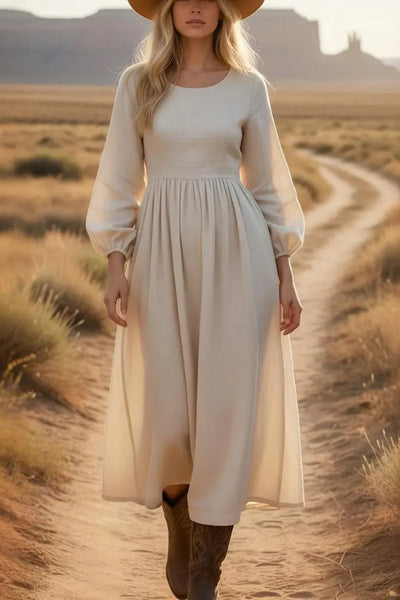 Linen Blend Solid Color Round Neck Long Sleeve Casual Midi Dress