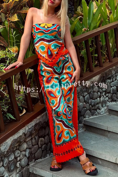 Ethnic Style Unique Print Tube Top and Elastic Waist Casual Pocket Wide Leg Pants Set