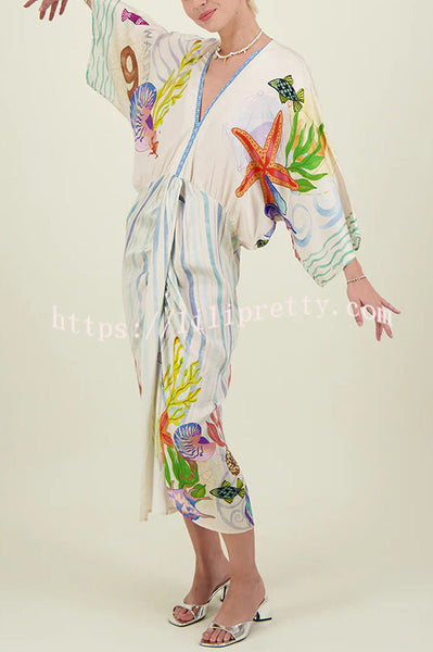 Coastal Seashell Satin Unique Print Drape Gathered Kimono Midi Dress
