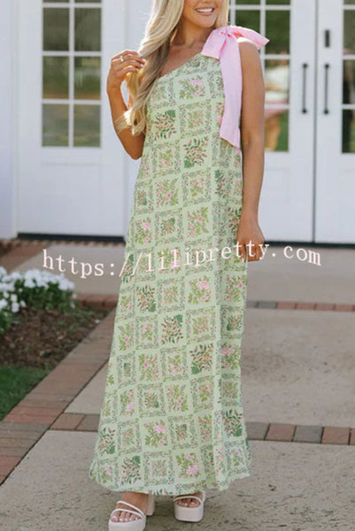 Garden Atmosphere Floral Print One Shoulder Pink Bow Loose Maxi Dress
