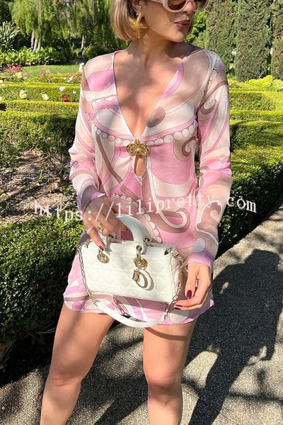 Tinslie Unique Print Metal Flower Cutout Long Sleeve Loose Mini Dress