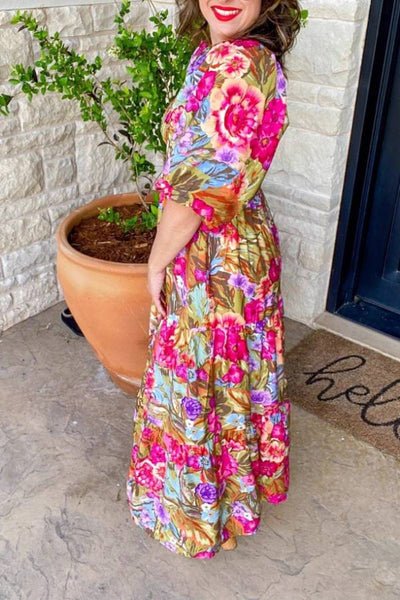 Tropical Floral Puff Sleeve Smocked Tiered Maxi Dress