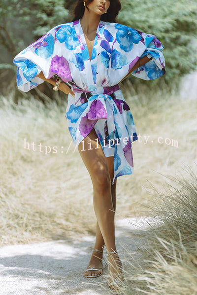 Marielle Linen Blend Floral Print Dolman Sleeve Wrap Loose Mini Dress