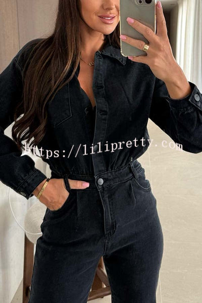 Downtown Diva Denim Button Up Long Sleeve Pocket Shirt Overalls Jumpsuit