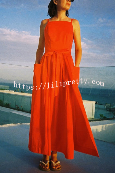 Solid Color Sleeveless Side Slit Tie-up Casual Vacation Pocket Maxi Dress