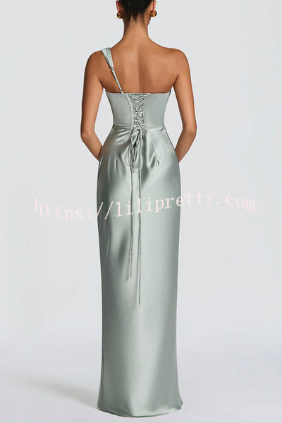 Thalassa Satin One Shoulder Scooped Neck Bias Cut Pleated Maxi Dress