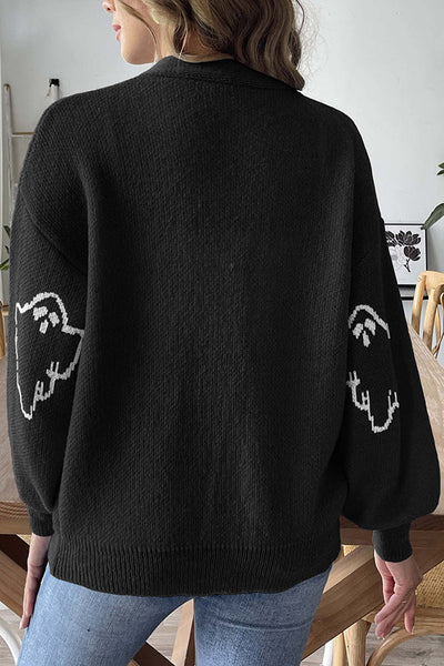 Halloween Ghost Pattern Casual Button-Down Knit Sweater