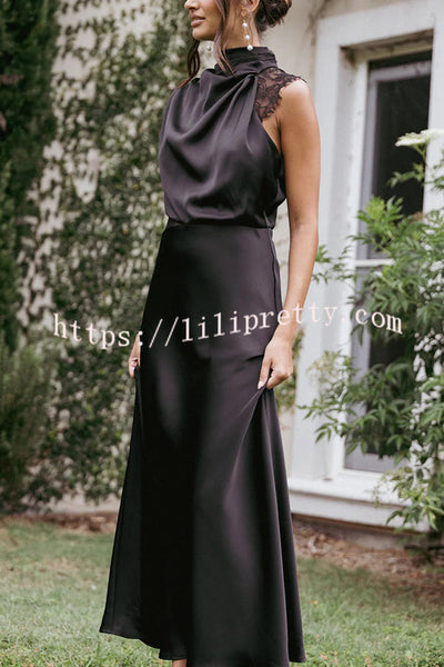 Touch of Allure Satin Drape High Neck Lace Detail Maxi Dress