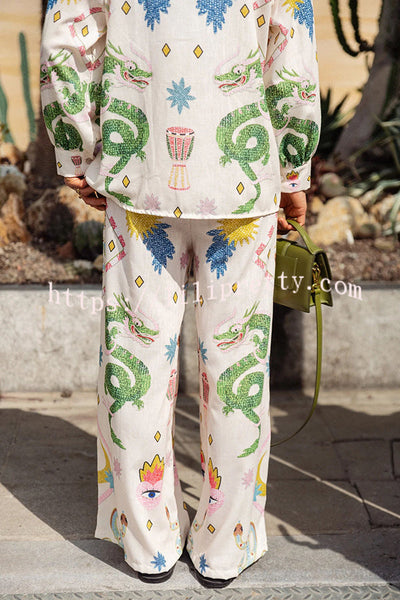 Embrace Magic Linen Blend Unique Print Elastic Waist Pocketed Wide Leg Pants