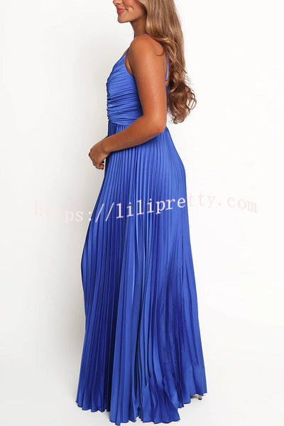 Catch The Light Satin Pleated V-neck Slip Maxi Dress