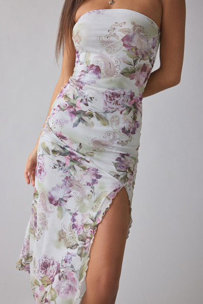 Mesh Tie-dye Slit Strapless Maxi Dress