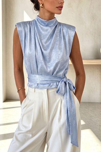 L'Aura Padded-Shoulder Wrap-Around Satin Top