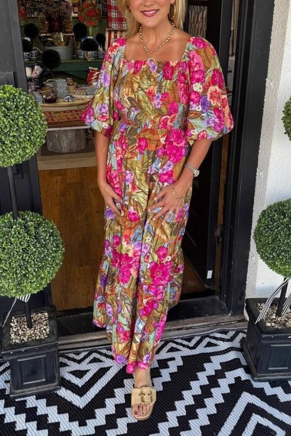 Tropical Floral Puff Sleeve Smocked Tiered Maxi Dress