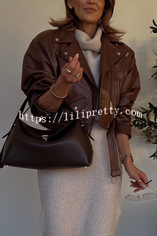 Fashion Lapel Long Sleeve Casual Zipper Pocket Leather Jacket