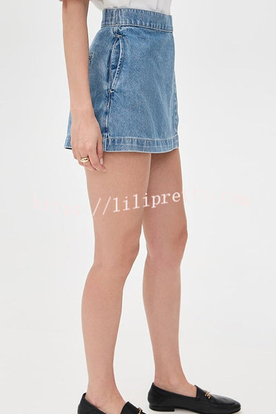 Fall for That Denim Faux Wrap Buckle Tie Pocketed Mini Shorts