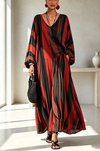 Vintage Striped Batwing Sleeve Long Set