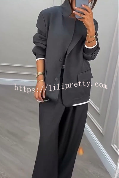 Fashion Sports Style Ribbed Colorblock Lapel Blazer and Elastic Waist Pocket Loose Pants Set