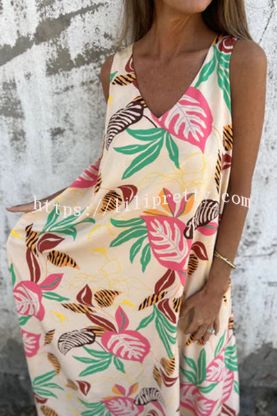 Botanical Print V-Neck Pocket Loose Casual Maxi Dress