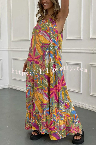 Unique Botanical Print Casual Loose Strappy Maxi Dress