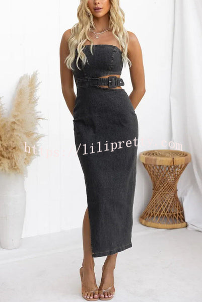 Chatting You Up Washed Denim Cutout Waist Belted Tube Stretch Dress