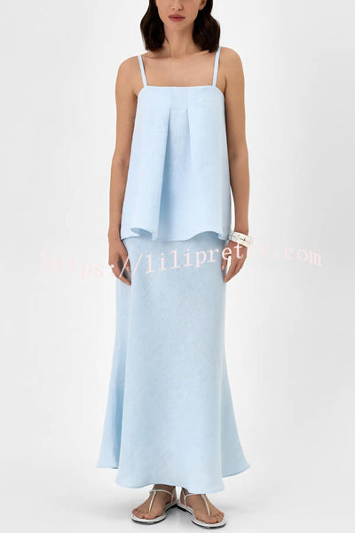 Linen Blend Loose Square Neck Camisole Top and Elegant Resort Maxi Skirt Set