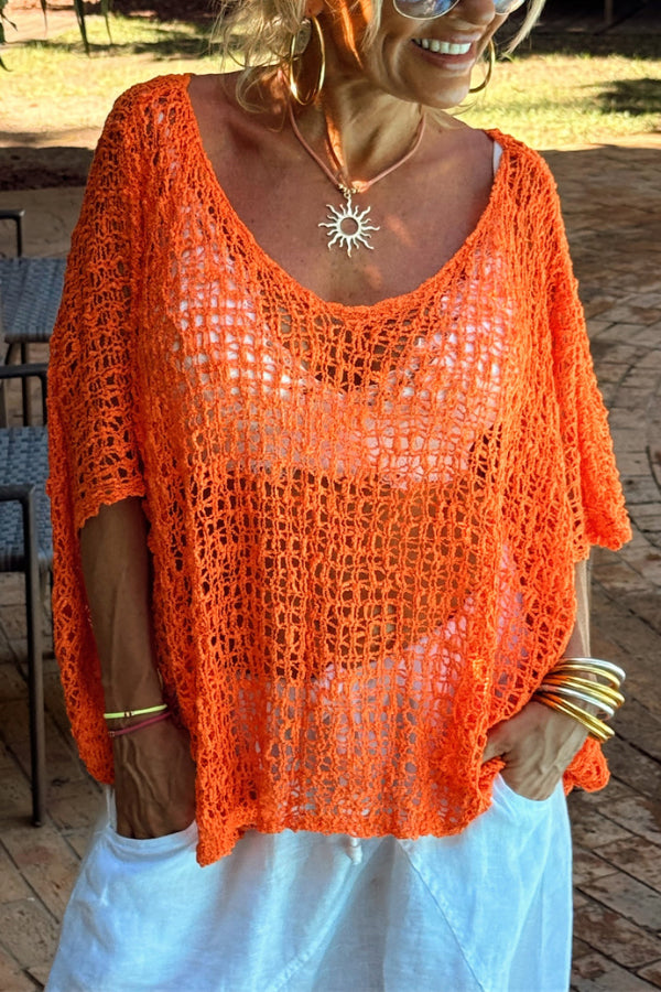 Solid Color Loose-fitting Openwork Casual Knitted Cover-up Top