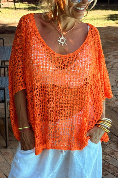 Solid Color Loose-fitting Openwork Casual Knitted Cover-up Top