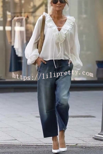 Ashlyne Tiered Ruffle Neckline Tie-up Balloon Sleeve Loose Blouse