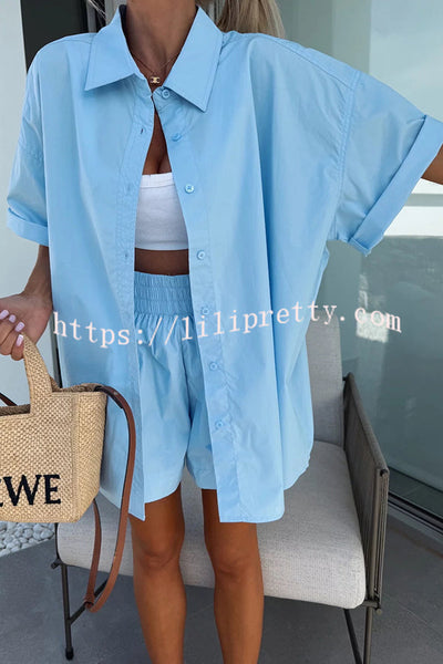 Summer Casual Loose Short-sleeved Shirt and Elastic High Waist Shorts Set