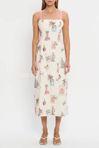 Plant Print Sleeveless Square Neck Open Back Tie Casual Midi Dress