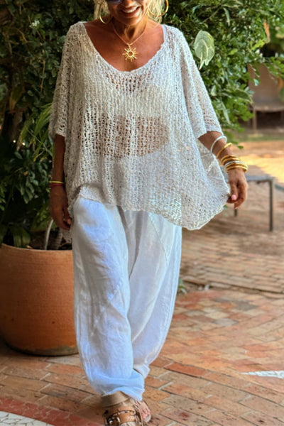 Solid Color Loose-fitting Openwork Casual Knitted Cover-up Top