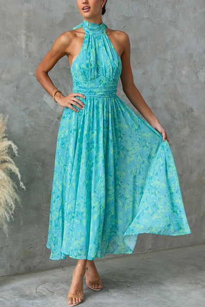 Eternal Bloom Chiffon Floral Print Halter Tie High Neck Maxi Dress