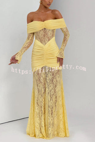 Solid Color Patchwork Lace Off-shoulder Long-sleeved Pleated Slim-fit Maxi Dress
