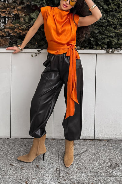 L'Aura Padded-Shoulder Wrap-Around Satin Top