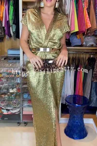Kosia Metallic Fabric Center Front Pleated Twist Short Sleeve Slit Loose Maxi Dress