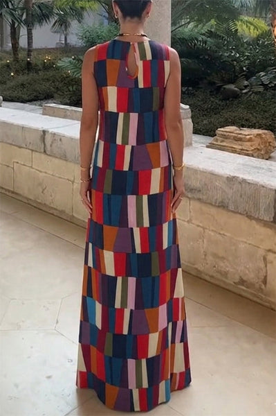 Retro Chic Linen Blend Colorful Color Block Plaid Round Neck Sleeveless Maxi Dress