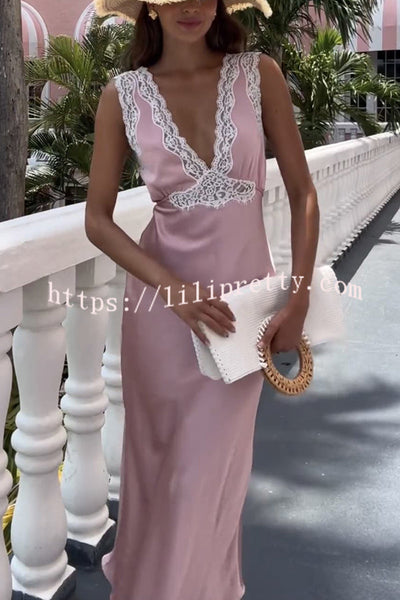 Elevate Your Elegance Satin Lace Trim Back Tie-up Midi Dress