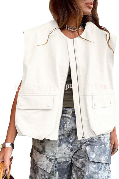 Fashion Zipper Sleeveless Pocket Loose Vest Jacket