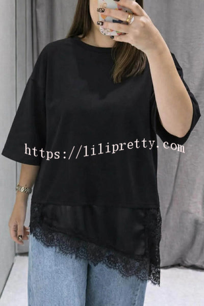 Stylish Round Neck Short-sleeved Patchwork Lace Hem Loose T-shirt