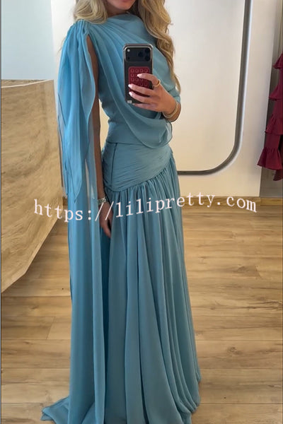Solana Draped Sheer Cape Top and High Waist Pleated Slit Maxi Skirt Set