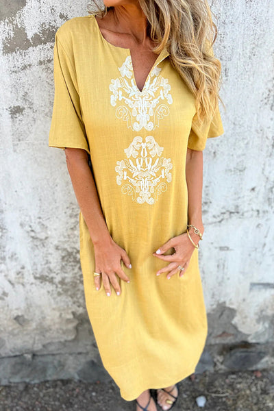 Embroidered Pattern V-neck Short-sleeved Loose Midi Dress