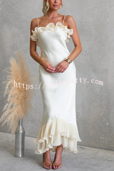 Bella Satin Pleated Chiffon Ruffle Details Slip Maxi Dress