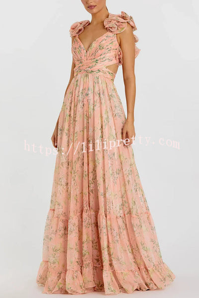 Delicate Garden Chiffon Floral Print Tiered Ruffle Cutout Back Lace-up Gown Maxi Dress