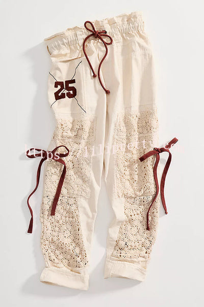 Rockaway Crochet Panels Bow Detail Elastic Waist Pocket Pull-On Craft Pants